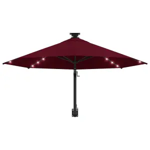 Berkfield Wall-mounted Parasol with LEDs and Metal Pole 300 cm Burgundy