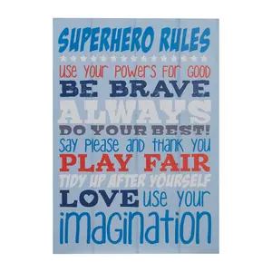 Interiors by Premier Kids Superhero Rules Wall Plaque, Inspirational and Educational Modern Wall Art for Kids, MDF Wall Plaque