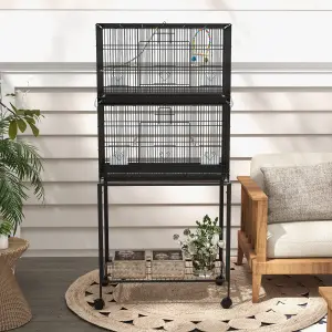 PawHut Two-Tier Bird Cage on Wheels w/ Stand, for Canaries