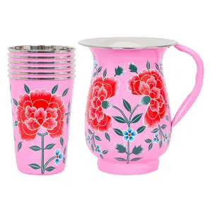 BillyCan Hand-Painted Picnic Water Jug with 400ml Cups - 1.7L - Raspberry Peony