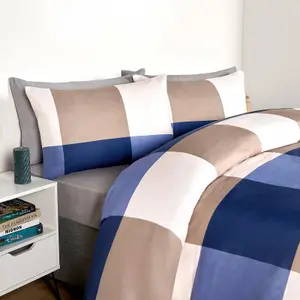 Gingham Check Duvet Cover Bedding Quilt Set Reversible, Navy/Beige - Superking