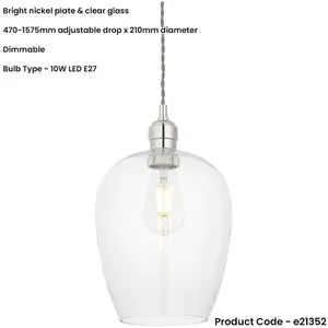 Hanging Ceiling Pendant Light - Bright Nickel Plate & Clear Glass - 10W LED E27