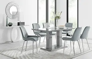 Imperia Grey High Gloss 6 Seater Dining Table with Structural 2 Plinth Column Legs 6 Grey Velvet Silver Leg Pesaro Chairs