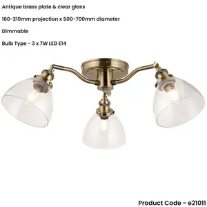 Antique Brass Semi Flush Low Ceiling Light - Clear Multi Arm Glass - 3 X 7W LED E14