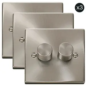 3 PACK - Satin / Brushed Chrome 2 Gang 2 Way LED 100W Trailing Edge Dimmer Light Switch - SE Home