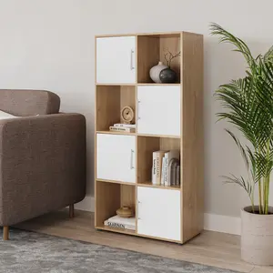 URBNLIVING 119cm Height 8 Cube Bookcase Oak Wood White Door Metal Handle Display Storage Shelf