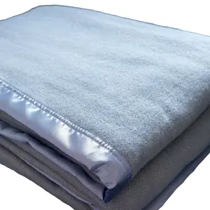 Just So Home Traditional 100% Pure Wool Solid Weave Blanket with Satin Ribbon Trim (Blue, Double)