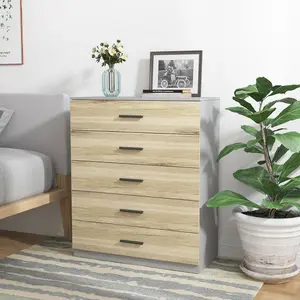 URBNLIVING Height 90.5cm 5 Drawer Wooden Bedroom Chest Cabinet Grey Carcass and Oak Drawers Modern Wide Storage Cupboard Closet