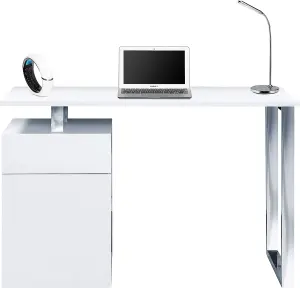 Homeology CALISTA Gloss White with Brushed Steel Legs Contemporary Home Office Computer Desk