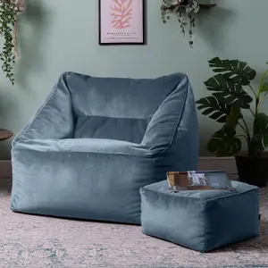 icon Natalia Velvet Armchair Bean Bag and Footstool Set Mineral Blue Giant Bean Bag Chair