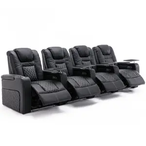 Broadway 4 Seater Electric Recliner Cinema Sofa USB Charging Led Base With Tray (Black w White Stitching)