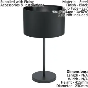 2 PACK Table Desk Lamp Colour Black Shade Round Black Fabric Slim Stem E27 40W