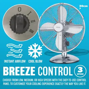 New 12 Inch Oscillating Desk Fan Cooling Air Metal Chrome 3 Speed Home Office 30w