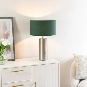 ValueLights Lexy Brushed Chrome Touch Table Lamp with Forest Green Drum Shade