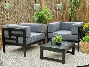 Garden Armchair Lounge Chair Outdoor Black Wooden Frame & Comfy Grey Cushions - Cori