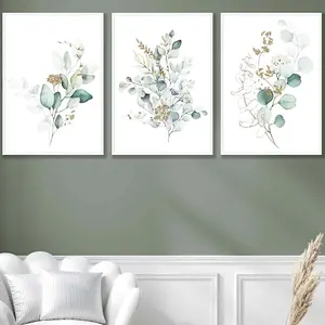 Set of 3 Green Blue Watercolour Eucalyptus Set 1 Wall Art Prints / 50x70cm / White Frame