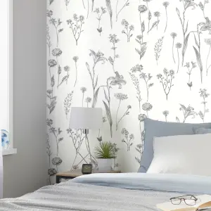 GoodHome Conyza Grey & white Floral Textured Wallpaper Sample