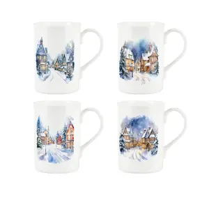 Purely Home Watercolour Christmas Town Bone China Mugs - Set of 4