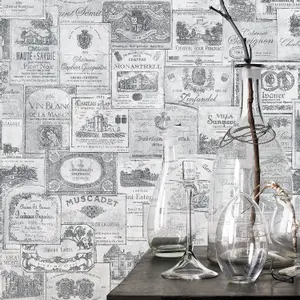 Galerie Nostalgie Silver Grey Wine Labels Smooth Wallpaper