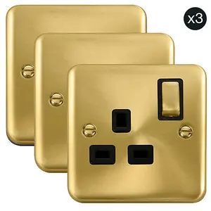 3 PACK - Curved Satin / Brushed Brass 1 Gang 13A DP Ingot Switched Plug Socket - Black Trim - SE Home