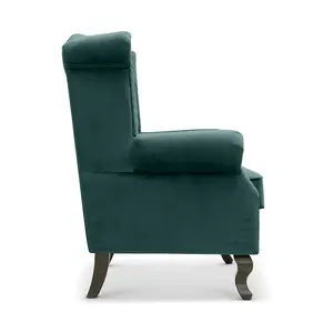 Velvet Wing Back Fireside Henley Chair Armchair with Buttons Bottle Green