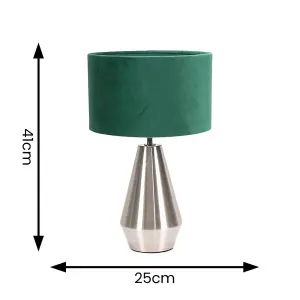 ValueLights Jax Silver Metal Touch Dimmer Table Lamp with Forest Green Velvet Shade