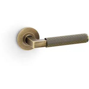 SOLID BRASS Reeded Door Handle Set - Antique Brass Angled Lever On Round Rose