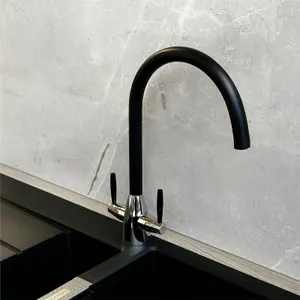 Liquida LC02BL Swan Neck Twin Lever Chrome and Black Kitchen Mixer Tap