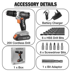 Terratek 18V Orange Cordless Combi Drill Driver Kit and 13 Piece Bit Set