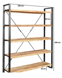 Cosmo Industrial Large Open Bookcase - Solid Mango Wood - L40 x W160 x H200 cm