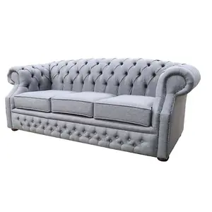 Chesterfield 3 Seater Sofa Gleneagles Plain Silver Fabric In Buckingham Style