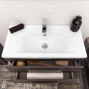 Novela 800mm Wall Hung Vanity Unit in Dark Wood with Ceramic Basin