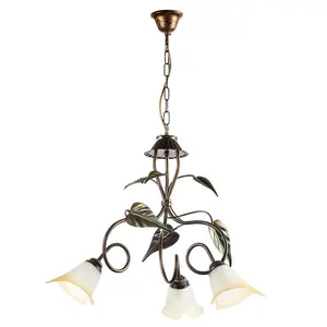 Luminosa Miranda 3 Light Multi Arm Pendant Ceiling Light, Antique Gold, Glass Shades