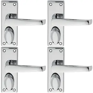 4 PACK - Straight Victorian Privacy Latch Door Handle - Polished Chrome Lever Backplate