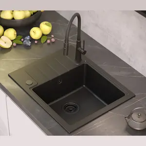 Quadron Peter 116 Pure Black GraniteQ Kitchen Sink with Small Drainer to fit 50cm Cabinet