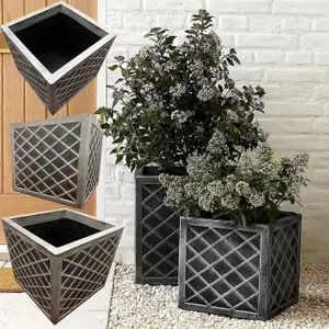 2 x Lazio Square 38cm Pewter Grey Plastic Garden Flower Plant Pot For Indoors & Outdoors