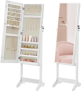 SONGMICS Mirror Jewellery Cabinet Armoire, Full-Length Mirror, Lockable Jewellery Organiser, White Surface and Beige Lining