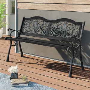 2 Seater Black Metal Wood Garden Patio Bench with Backrest