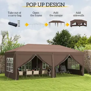 Outsunny 3 x 6m Pop Up Gazebo Height Adjustable Party Tent w/ Storage Bag Brown