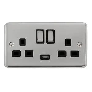 Curved Polished Chrome 2 Gang 13A DP Ingot 1 USB Twin Double Switched Plug Socket - Black Trim - SE Home