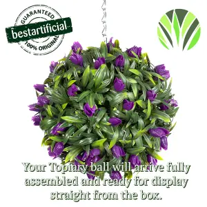 Best Artificial 24cm Purple Lush Tulip Hanging Basket Flower Topiary Ball - Suitable for Outdoor Use - Weather & Fade Resistant