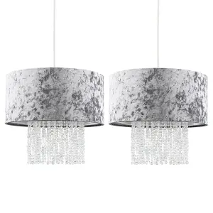 ValueLights Boland Pair of Boland Silver Grey Velvet Ceiling Pendant Light Shades with Clear Acrylic Droplets