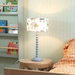 Powder Blue Bobbin Stem Table Lamp with Cartoon Dino Drum Shade for Living Room Bedroom - LED Bulb Included