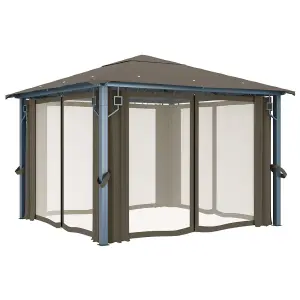 Berkfield Gazebo with Curtain&LED String Lights 3x3 m Taupe Aluminium