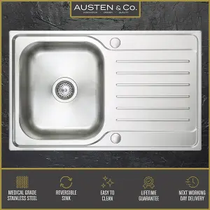 Austen & Co. Verona Stainless Steel Inset Reversible Single Bowl Kitchen Sink With Drainer, Lifetime Guarantee, Fast Delivery