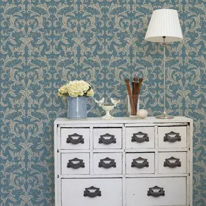 Galerie Nordic Elements Blue Embossed Linear Damask Wallpaper Roll