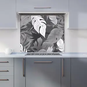 Black White Tropical Leaves Premium Glass Kitchen Splashback W600mm x H600mm