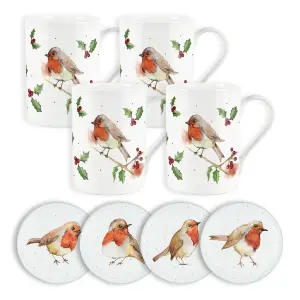 Purely Home Christmas Robins Bone China Mug & Coasters - Set of 4