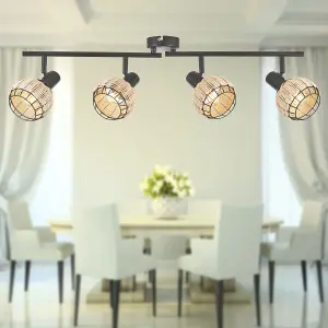 First Choice Lighting Set of 2 Goa Black and Natural Rattan 4 Light Ceiling Spotlight Bars