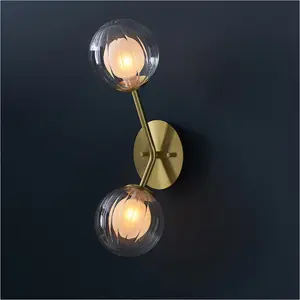 2 PACK Satin Brass Dimmable Wall Light - 2x Dome Ribbed Glass Shade -  2x 3W LED G9